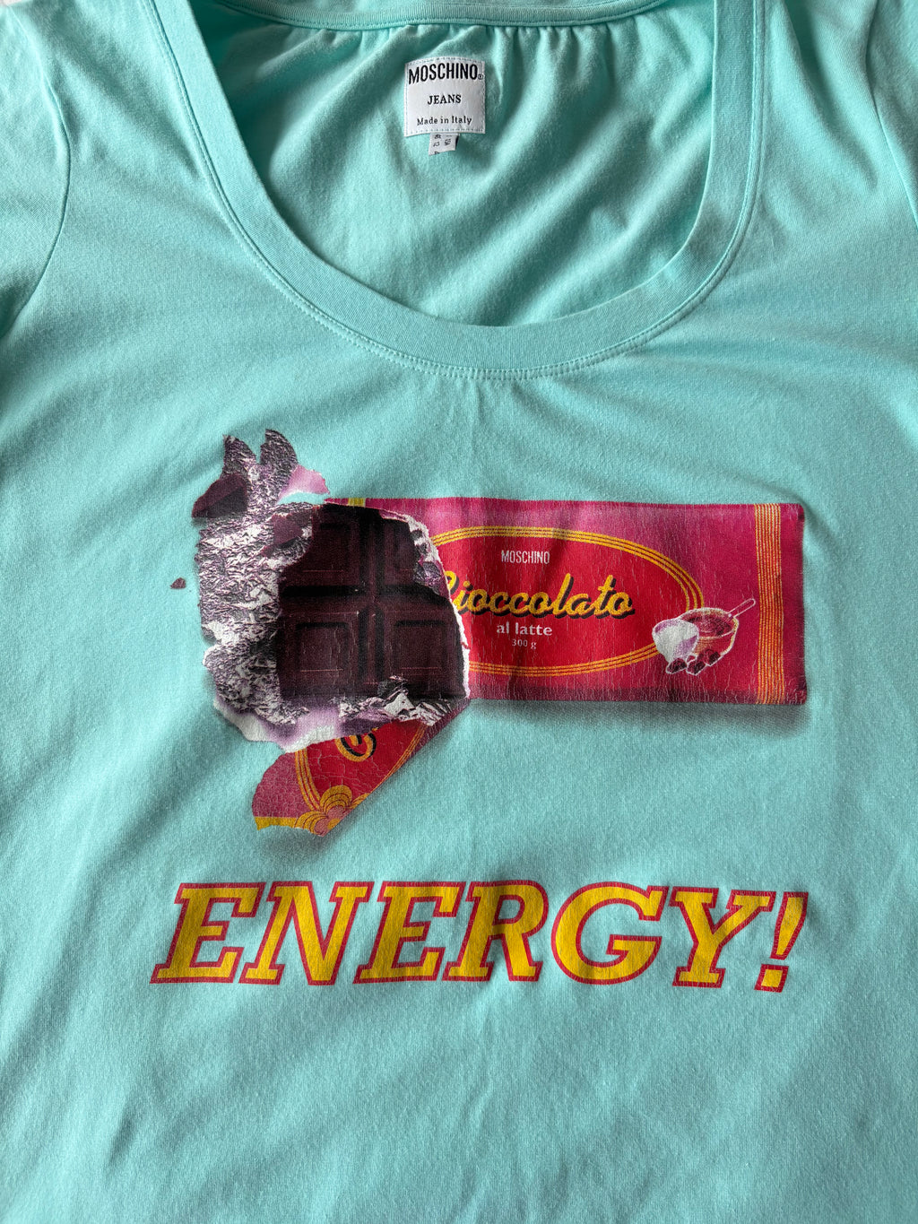 Vintage Moschino turquoise chocolate graphic tee!