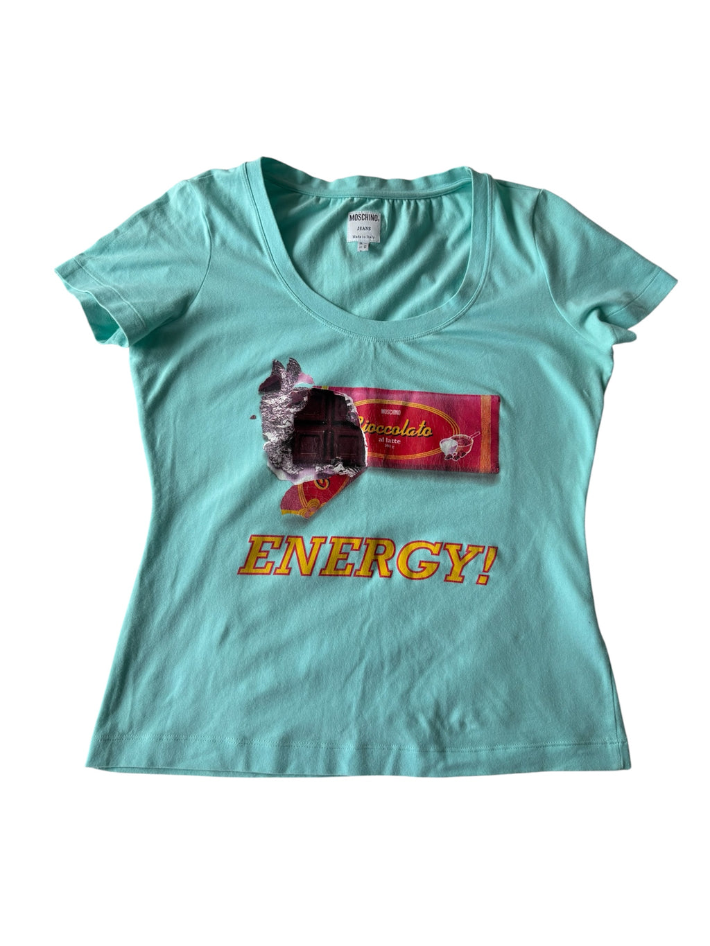 Vintage Moschino turquoise chocolate graphic tee!