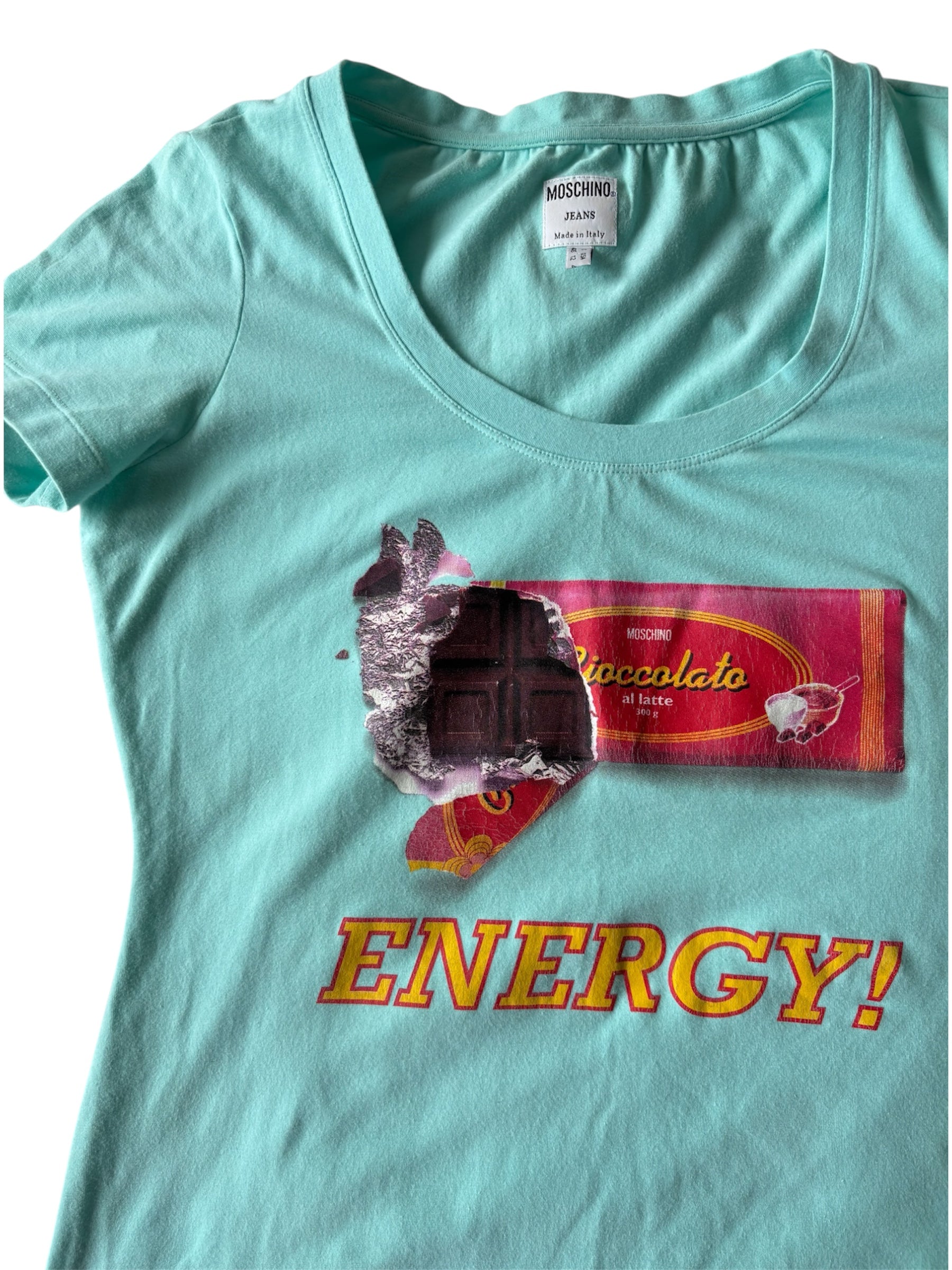 Vintage Moschino turquoise chocolate graphic tee!