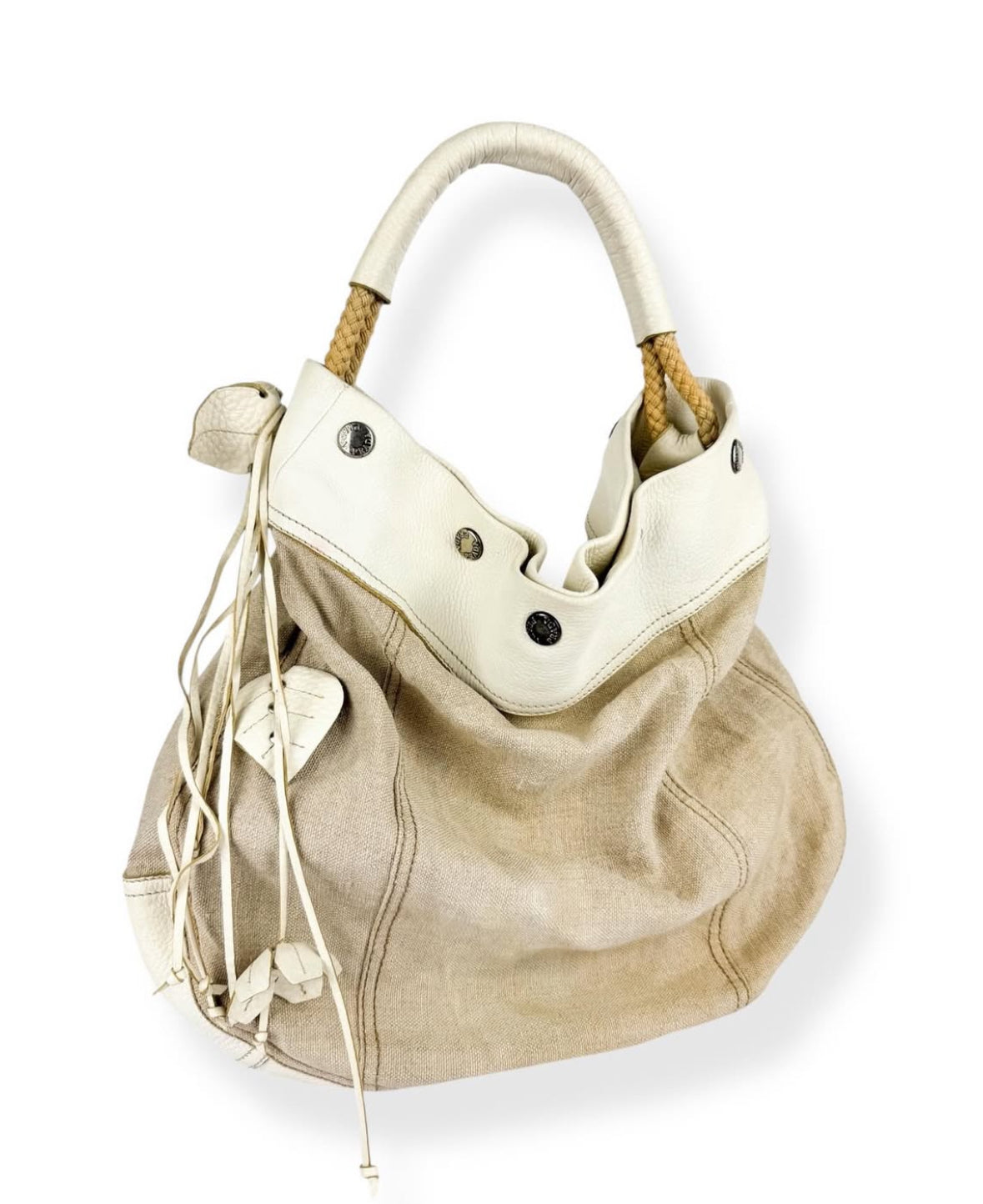 90s Prada Flower + Leaf Cut-Out Linen Hobo Bag