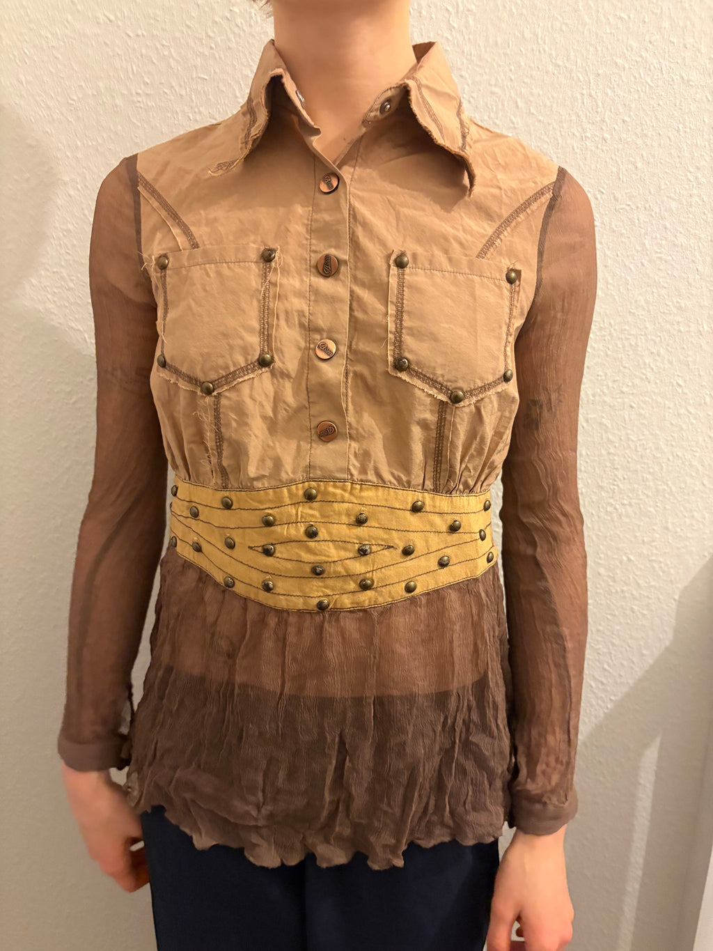 Y2K Studded Patchwork Long-sleeve Blouse